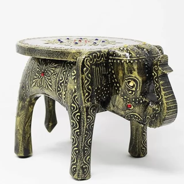 Elegant Hand-Painted Wooden Elephant Stool: Versatile Side Table for Home Decor 3