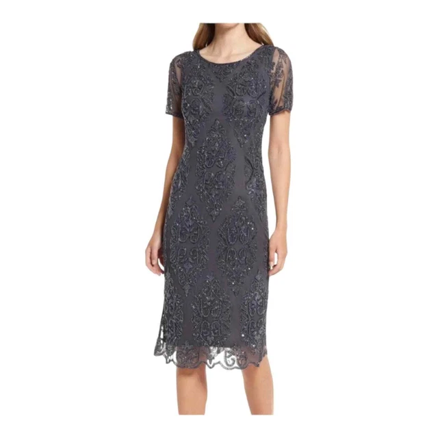 Pisarro Nights Beaded Charcoal Midi Sheath Gown Dress