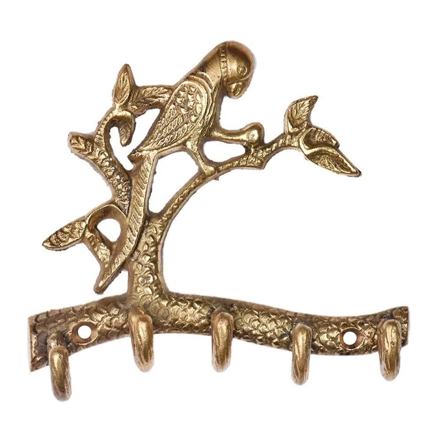 Vintage Finish Brass Parrot on a Branch Key Hanger Coat Rack Towel Hooks 4 Pcs