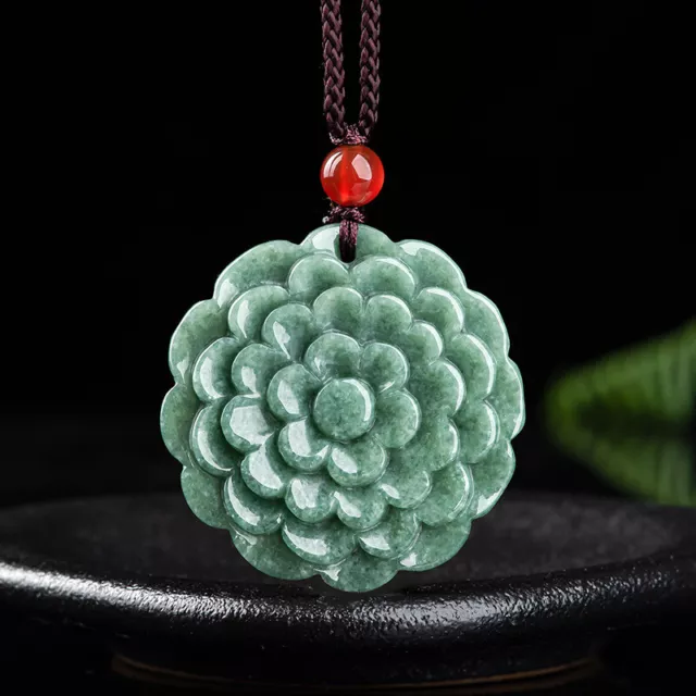 Natural Grade A Jade Jadeite Men Women Lucky Beauty Peony Flower Pendant Gift