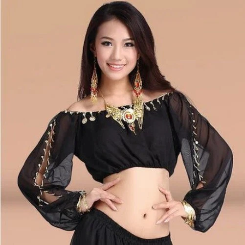 New Arrival Crystal Cotton and Mesh Belly Dance Top Half Sleeves Belly Dance Top