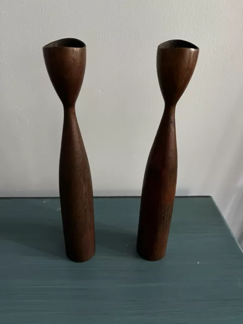Pair Mid Century Modern Danish Tulip Teak Wood Candlesticks Candle Holders MCM