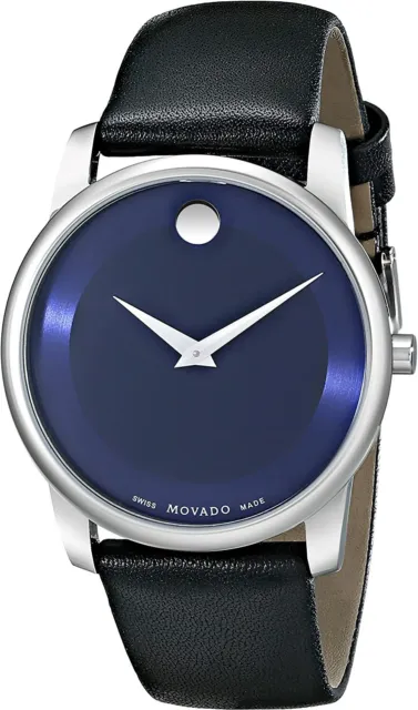 Movado Museum SWISS Quartz Blue Dial Black Leather Strap Men's Watch 0606610