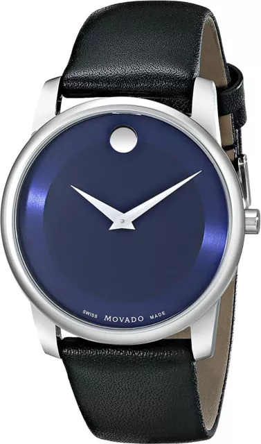Orologio da uomo Movado Museum SVIZZERO Quadrante blu quarzo cinturino in pelle nera 0606610