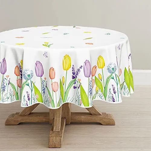 Spring Summer Tablecloth 70x70 Inch Round, Easter Watercolor Wild Flowers