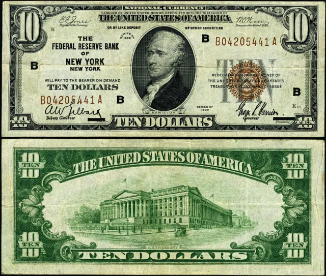 FR. 1860 B $10 1929 Federal Reserve Bank Note New York B-A Block VF+