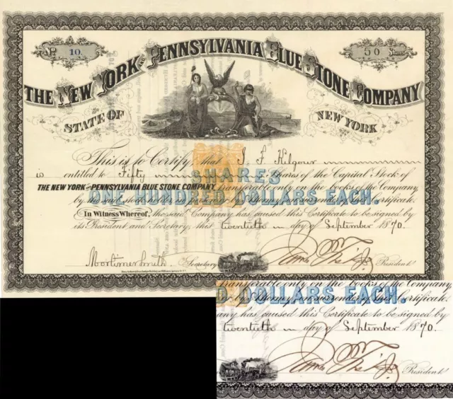 New York and Pennsylvania Blue Stone Co. signed by James Fisk, Jr. known as "Di