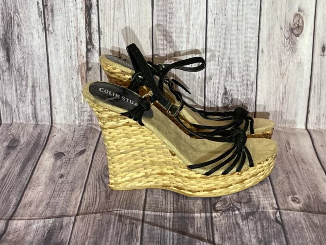 Colin Stuart Womens Wedge Straw Bamboo Heel Sandals Strappy Size 8.5 Black