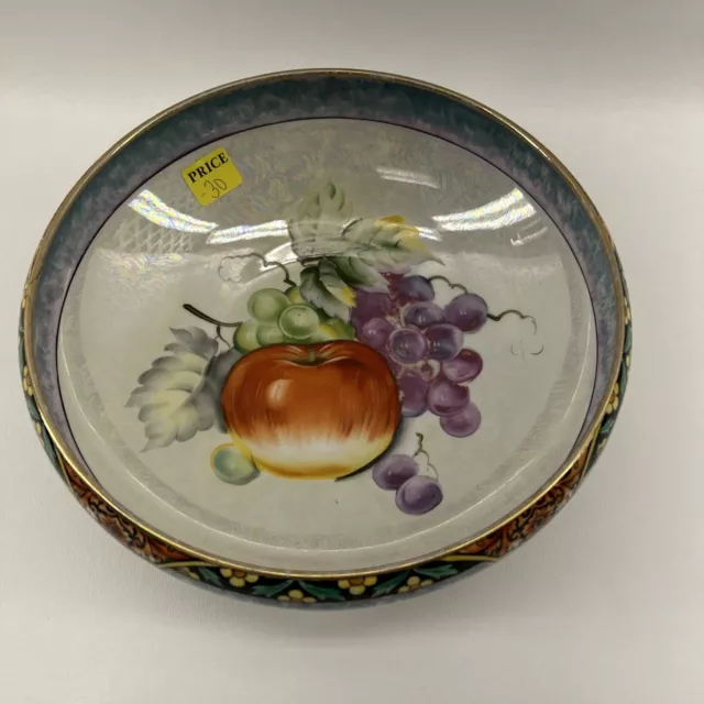 Vintage Porcelain ￼bowl Hand Painted Japan White With Floral Fruit 9” X 3” Tall