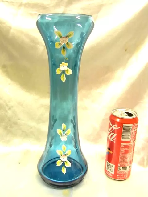 Vase Ancien Verre Bleu Emaille Fleurs Style Legras Tulipier Soliflore Montjoy