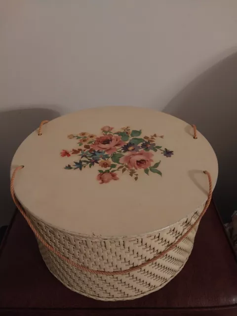 Vintage HARVEY Round Yellow Wicker Sewing Basket