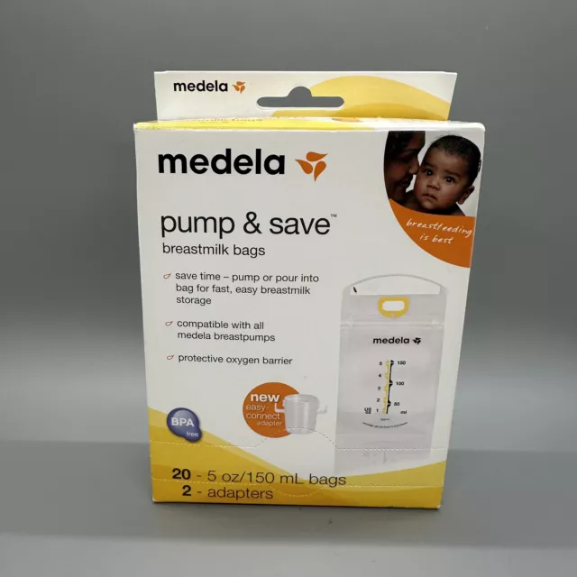 Medela Pump & Save Breastmilk Bags (20 count w/2 adapters) New Sealed Box