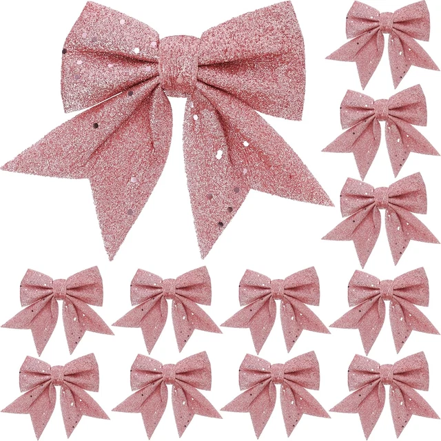YUNSTK 12 pz archi natalizi glitter, archi rosa per albero di Natale, corone da 5,5 pollici