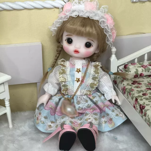 1/8 16cm BJD Doll Cute Girl Blue Dress Shoes Outfits Black Eyes Wigs Full Set