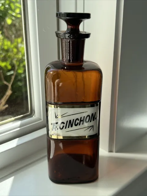 Vtg Antique Pharmacy Amber Glass Label Apothecary Jar Bottle Tr. Cinchon