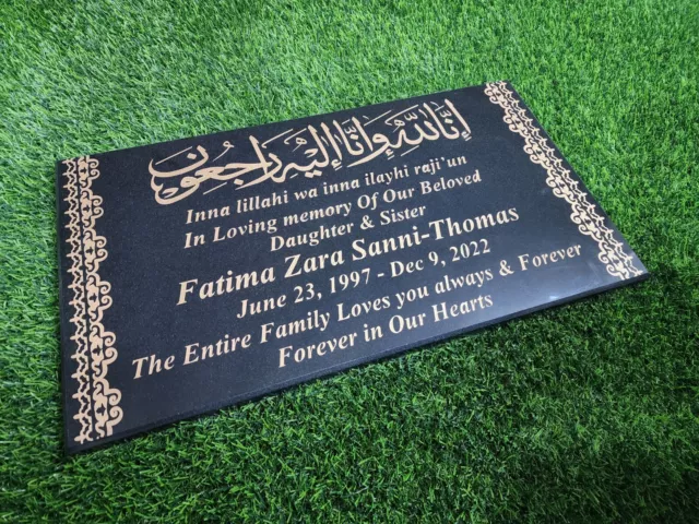 Muslim Black Granite Headstone, Islamic Memorial Plaque, Engraved Grave Marker