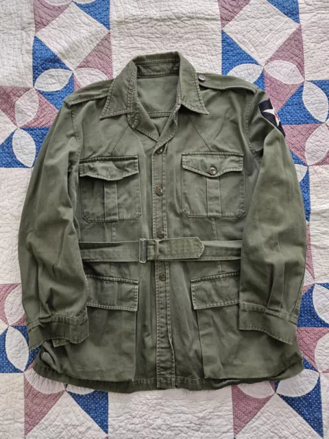 Vintage 1950s 60s Canadian Army Bush Jacket Belted Military Olive Drab L