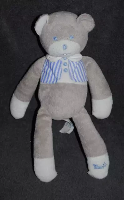 Peluche MUSTELA MUSTI Doudou Ours Gris Gilet Bleu Rayé Blanc 28 Cm TTBE