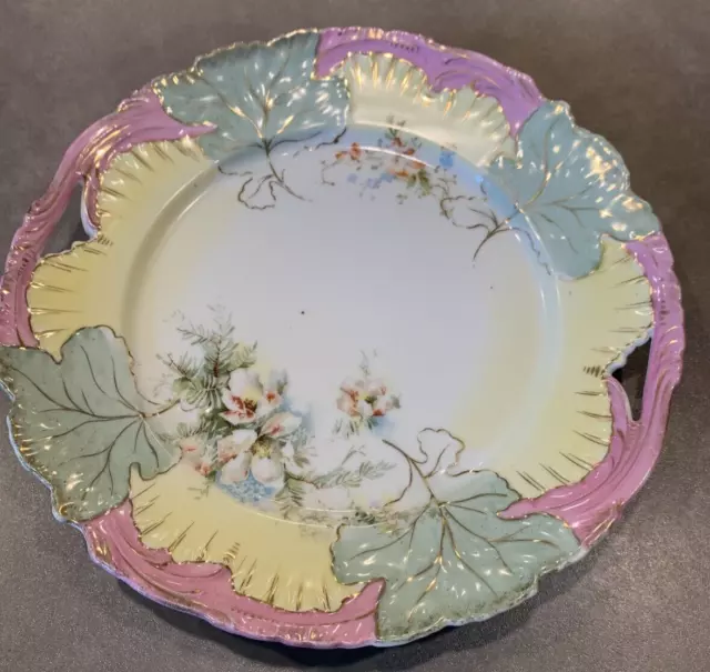 Old RS Prussia Mold? Hand Painted Handled Cake plate Majolica Style Leaves Scrol