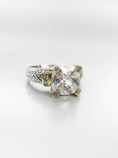 EXQUISITE Designer Style Balinese Silver Cable Gold Clear CZ Crystal Ring 7356