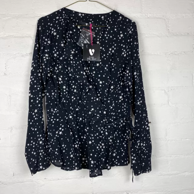 V By Very Frill Detail Wrap Top, Mono Print BLACK & White Star Print UK8 (QPWCY)