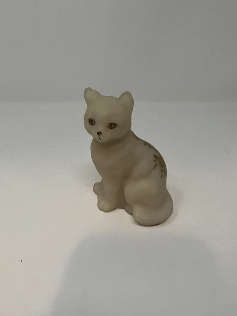 Fenton Hand Painted Cat Flowers Yellow Satin Signed Art Figurine Glass - Read