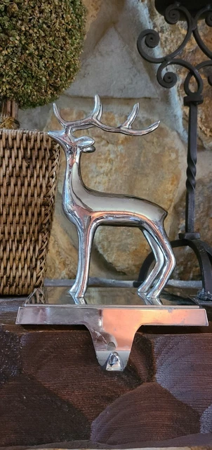 Vtg SILVER REINDEER Christmas Stocking Hanger Holder Deer Heavy Farmhouse Decor