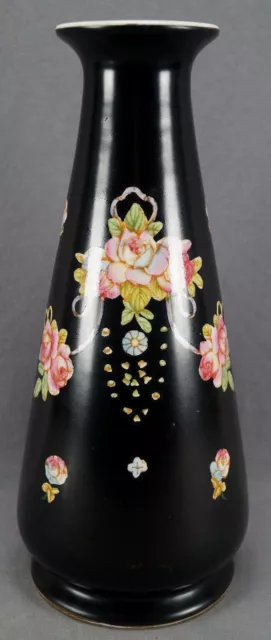 Crown Devon Hand Colored Pink Rose & Ribbon Black Faience 12" Vase C. 1913-1930