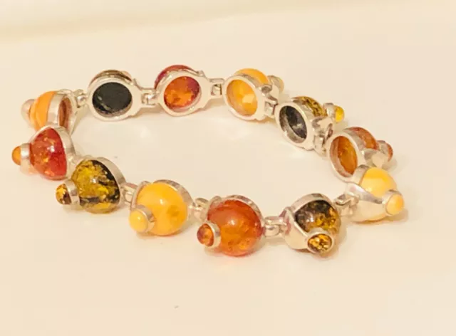 Vtg Sterlings Silver Amber Cognac Green Gold Butterscotch Cabochon Bracelet MOD