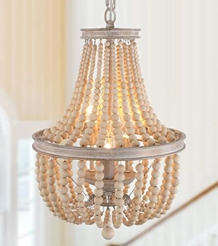 Wood Beaded Chandelier 3-Lights Rustic Antique Vintage Farmhouse 3 Lights-OAK