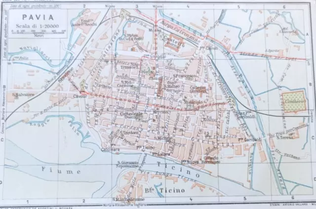 stampa antica mappa CARTA TOPOGRAFICA PIANTA PAVIA LOMBARDIA 1914