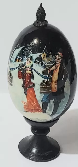 Vintage Handpainted Russian Egg Signed Black Lacquer Couple In Snow & Bird