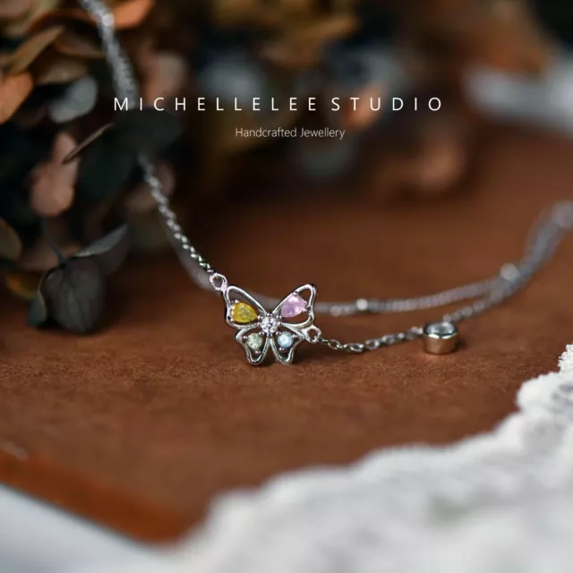 Dainty Butterfly Bracelet in Sterling Silver, Multi Colour CZ Crystal Butterfly