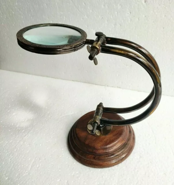 Vintage Laiton Loupe Loupe Bureau Dessus De Table Support En Bois Antique