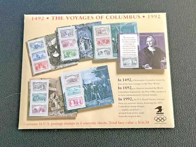 The Voyages Of Columbus 1492-1992 US Postage 6 Souvenir Sheets Scott # 2624-2629