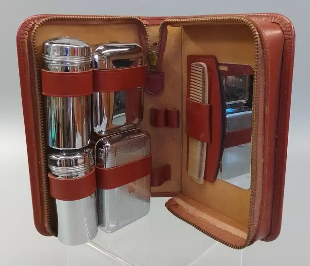 Vintage Gentlemans Travel Grooming Kit Chrome Plated In Brown Leather Case 60s