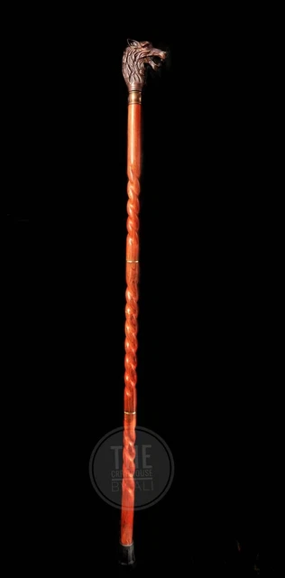 Antique Wooden Walking Stick Cane Handmade Wolf Head Solid Brass Handle Design