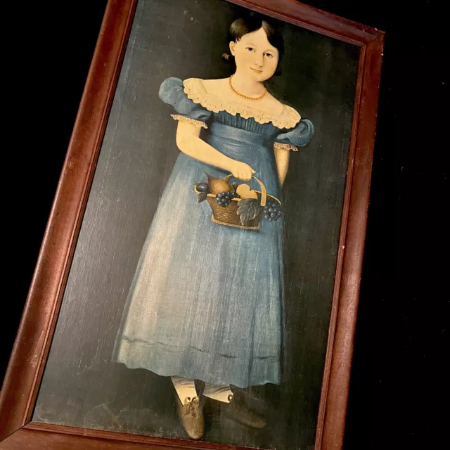 Vtg Antique Litho? Wood Folk Painting Portrait of Girl Youth Basket Henry Ford
