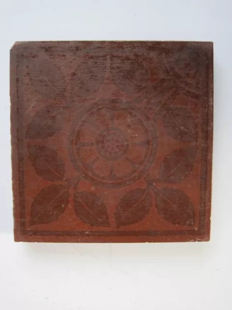 Antique Victorian Maw & Co 4" Floor Tile - Flower And Leaves C1875-95