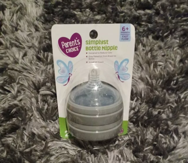 2 Pack Parent's Choice Simplyst Bottle Nipple 6+ Months Fast Flow Baby