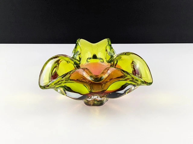 Chribska 240/5/20 Green Orange and Clear Lobed Glass Bowl Ashtray, 1970's Czech