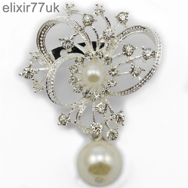 New Silver Faux Pearl Drop Flower Brooch Diamante Crystal Bridal Wedding Broach