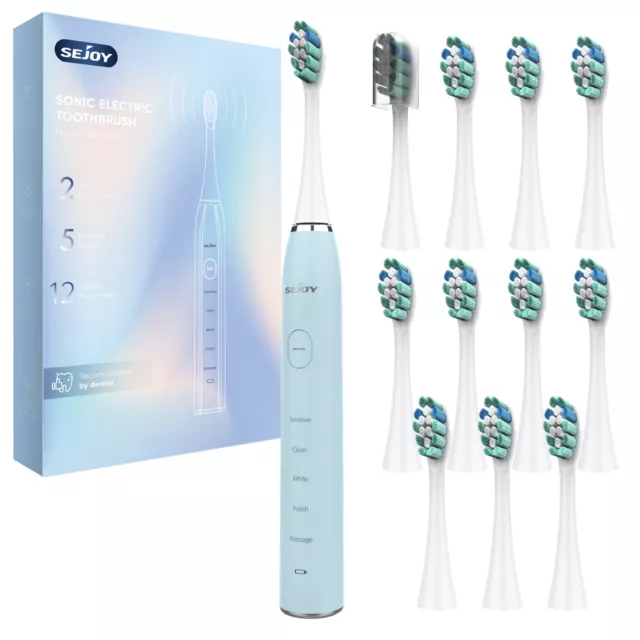 SEJOY Sonic Electric Toothbrush Rechargeable Power 12 Brush Heads 5 Modes Timer