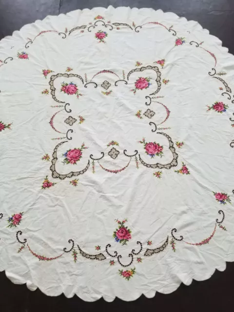 Vintage Hand Embroidered Tablecloth Exquisite Antique Linen 170x167cm