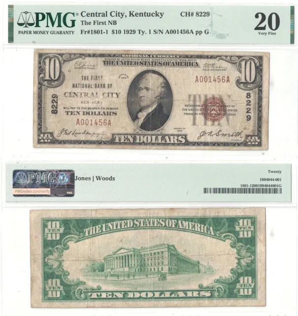 1929 $10 First National Bank Of Central City, KY #8229 PMG Very Fine-20