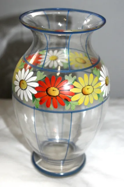 Vintage Mid Century Modern Multi Color Enamel Paint Floral 8" Clear Glass Vase