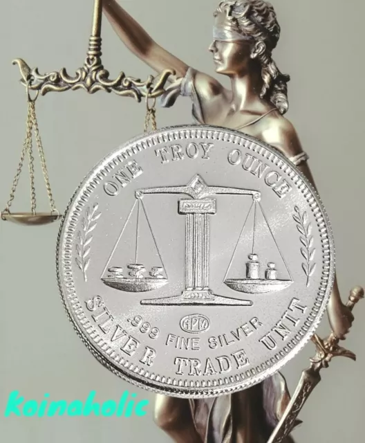 RARE 1983 1 oz .999 Fine JUSTICE Silver Trade Unit, Round BU COIN, Low $2 Ship