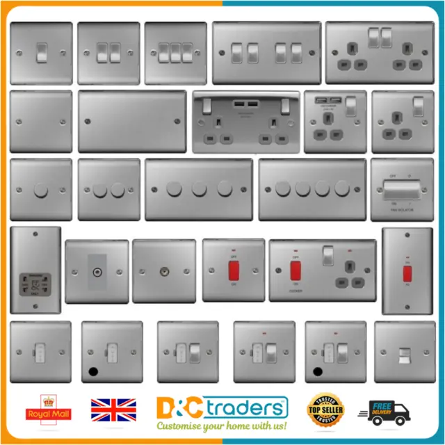 BG Nexus Brushed Steel Switches & Sockets Full Range Satin Chrome Grey Inserts