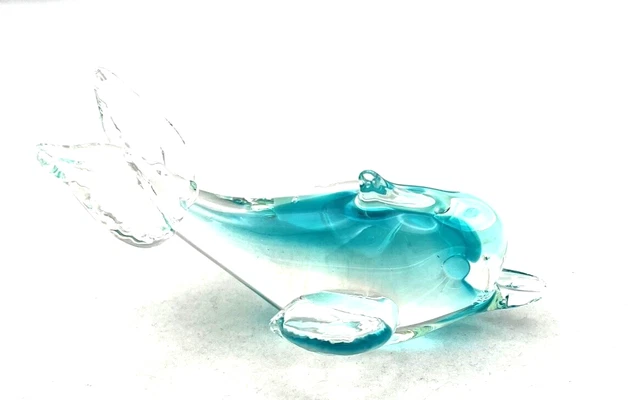 Vintage Art Glass Blue White Dolphin Nautical Decor Figurine Statue Paperweight