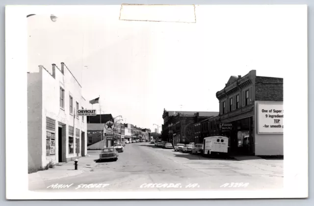 Cascade Iowa~Main Street Chevrolet Car Dealer Motor Sales~Texaco~Food Mart~RPPC